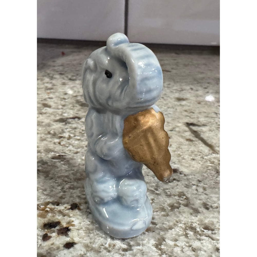 Vintage Japan Ceramic Elephant Figurine Light Blue Gold Leaf Trunk Up 2.25 Inch